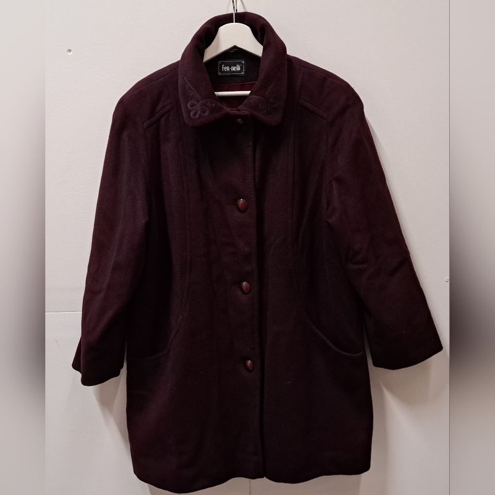 Fen-nelli Women's Winter Jacket Coat Trench Vintage Wool Nylon Plum Sz Large XL